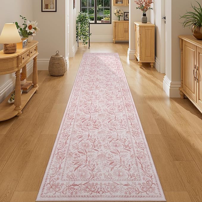 DUKINO 2x8 Runner Rug, Washable Vintage Floral Kitchen Rugs, Light Pink | Non Slip, Low Pile, Stain Resistant Aesthetic Soft Carpet Runner for Hallway Bathroom Entryway Bedroom Farmhouse Laundry Room