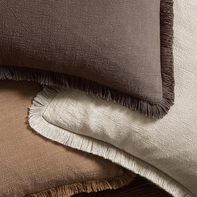 MIULEE Decorative Throw Pillow Covers Neutral Linen Fringe Throw Pillows Euro Shams Set of 2 Reddish Brown Boho Farmhouse Cushion Covers for Couch Sofa Bed Living Room Fall Home Decor 22x22 Inch