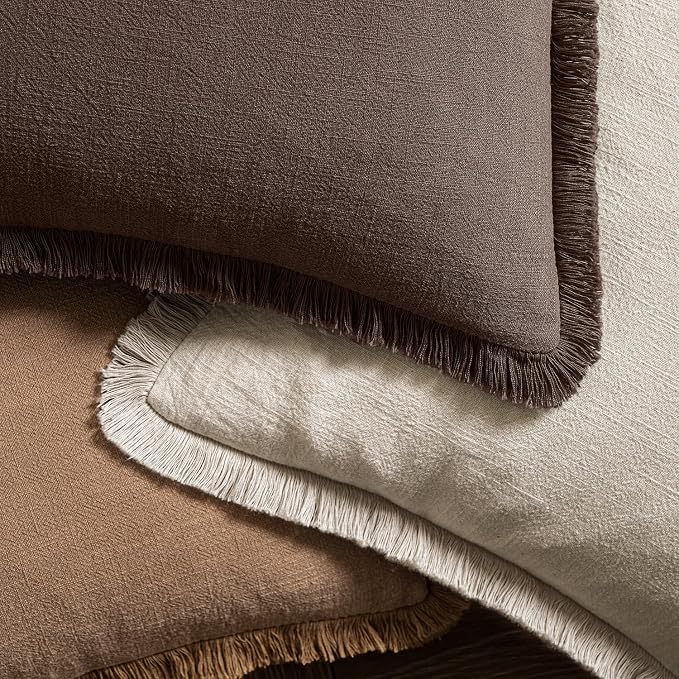 MIULEE Decorative Lumbar Throw Pillow Covers Neutral Linen Fringe Throw Pillows Set of 2 Reddish Brown Boho Farmhouse Cushion Covers for Couch Sofa Bed Living Room Fall Home Decor 12x20 Inch