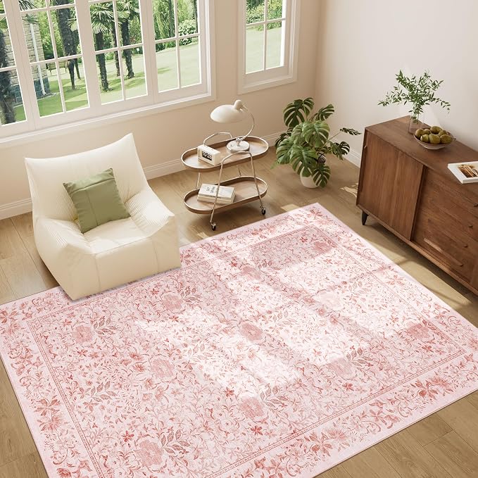 DUKINO 5x7 Area Rugs, Vintage Floral Washable Rug for Living Room, Pink | Non Slip, Low Pile, Soft, Lightweight, Boho Indoor Carpet for Bedroom, Office, Dining Room, Dorm Room, Farmhouse, Home Decor