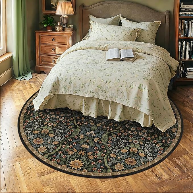 Round Rug 7ft Black Brown Washable Floral Circle Rug,Vintage Boho Botanical Round Area Rugs, Non-Slip Soft Low-Pile Circular Carpet for Bedroom,Kids Room,College Dorm,Home Decor
