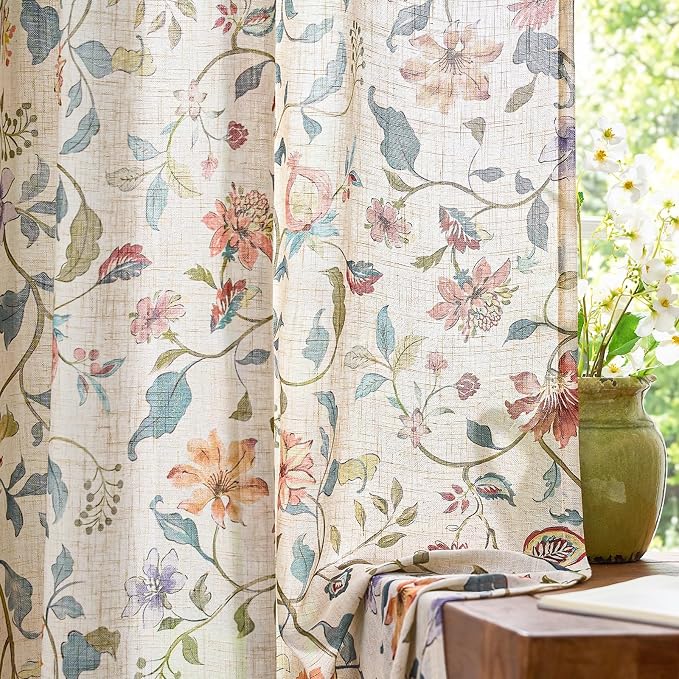 jinchan Beige Floral Linen Curtains 96 Inch Semi Sheer Back Tab 2 Panels | Vintage, farmhouse, cottage core, light filtering, semi sheer, flower, drapes, living room, bedroom, rod pocket, home decor