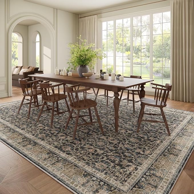 Boho Washable 9x12 Area Rugs for Living Room, Cushioned, Black/Navy Blue | Vintage Non-slip Neutral Oriental Rugs for Bedroom Dining Room Nursery Office High Traffic Area