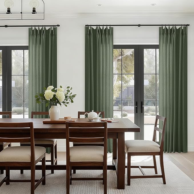 Olive Green Pinch Pleated Linen Curtains 120 Inches Long Semi Sheer | Light Filtering, Extra Long, Pleat Drapes, for Living Dining Room Bedroom, Farmhouse Boho, Rings Hooks, Back Tab, 1 Panel