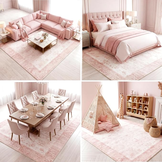 Large Floral Washable Area Rug, 0.3" Low Pile Vintage Nursery Rug, Non-Slip Cotton-Backed Silicone Grip, Spill Resistant Soft Carpet for Girls Bedroom, 8'x10', Blush Pink/White
