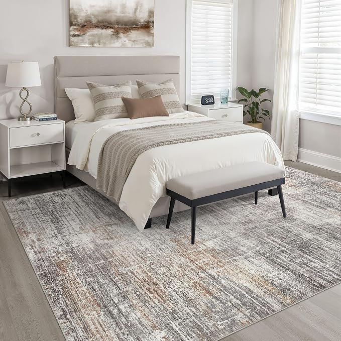 7x10 Area Rug Living Room: Washable Large Neutral Rug Abstract Soft Modern Stain Resistant Indoor Floor Non-Slip Carpet for Bedroom Nursery Kids Office Playroom Dining Room Under Table- Gray Rust