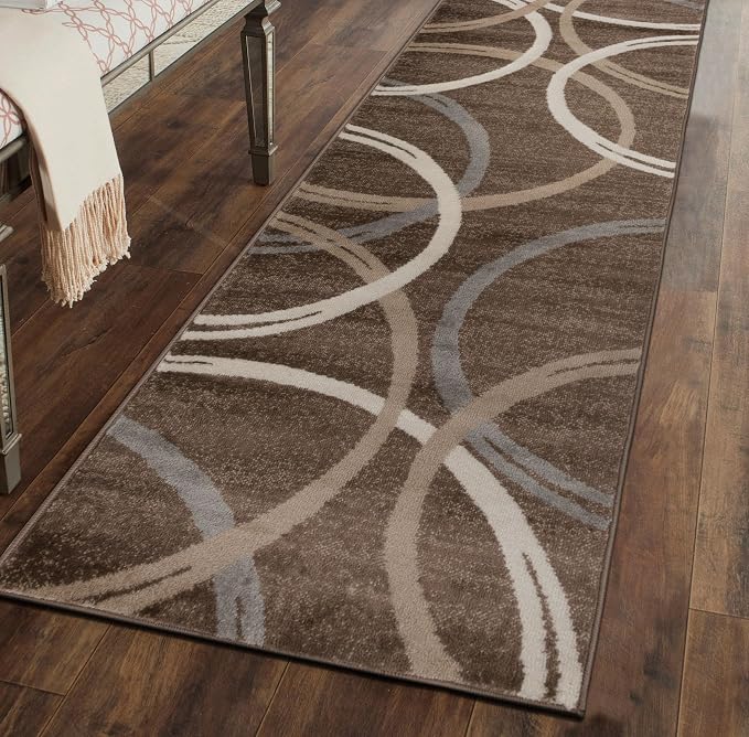 Rugshop Wavy Circles Modern Jute Backing Runner Rug Brown 2' x 7'2"