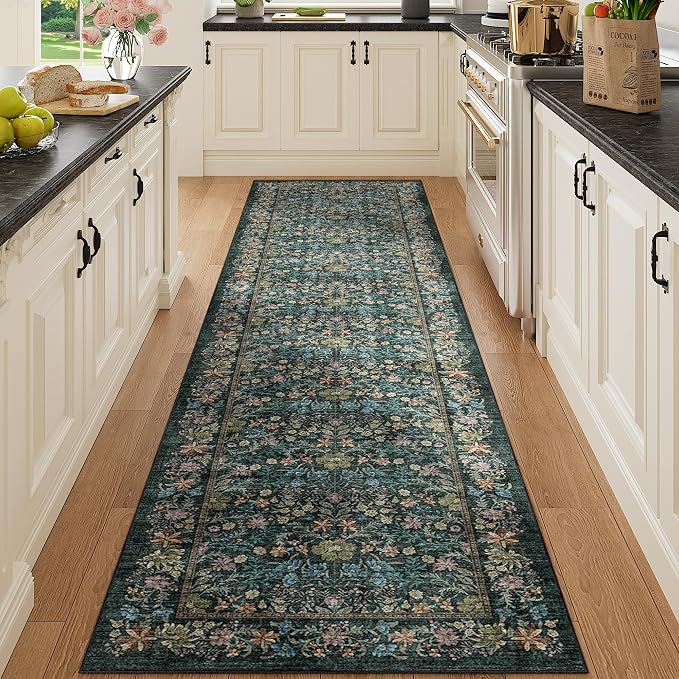 DUKINO 2x8 Runner Rug, Washable Vintage Floral Kitchen Rug, Blue | Non Slip, Low Pile, Non-Shedding, Stain Resistant Aesthetic Soft Carpet Runner for Hallway Bathroom Laundry Bedroom Entryway