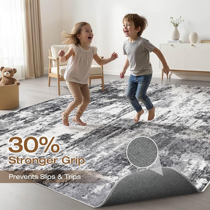7x9 Area Rug Living Room: Washable Large Neutral Rug Abstract Soft Modern Stain Resistant Indoor Floor Non-Slip Carpet for Bedroom Nursery Kids Office Playroom Dining Room Under Table- Black White