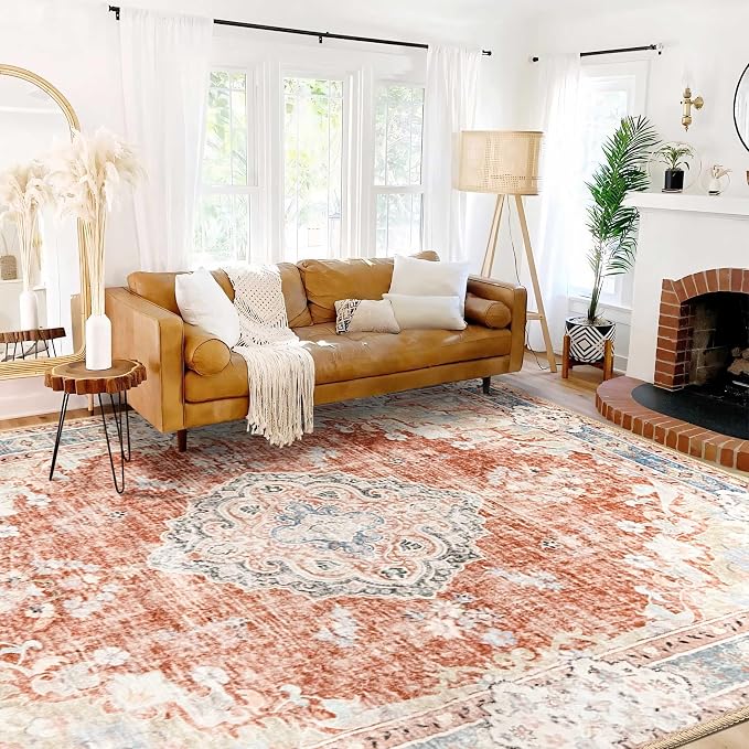 MUJOO 9x12 Area Rug Washable Boho Rug Non Slip Low-Pile Floral Large | Machine Washable Throw Carpet for Living Room Bedroom Dining Room Soft Big Floor Indoor Flowers Orange Navy Blue