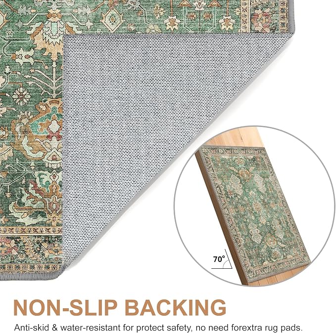 3x5 Rug Washable Small Area Rug Non Slip for Entryway Bedroom Bathroom Kitchen, Boho Green Rug, Thin Low Pile Foldable Carpet, Vintage Farmhouse, Dark Sage/Gold
