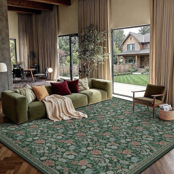 HUGEAR Retro Area Rugs 6x9 Washable Living Room Bedroom Rugs Vintage Floral Throw Carpet Green Stain Resistant Non Slip Low Pile for Home Aesthetic Modern Decor