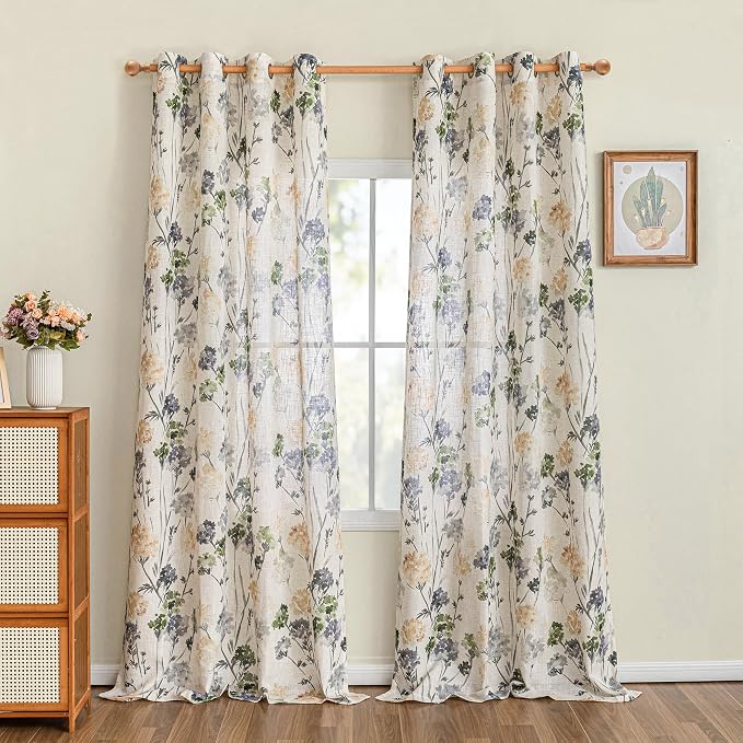 MYSKY HOME Floor to Ceiling Linen Floral Curtains 108 Inch Length 2 Panels Semi Sheer Light Filtering Farmhouse Flower Printed Window Grommet Drapes for Dining Room, 52" W Each Panel, Sage Green
