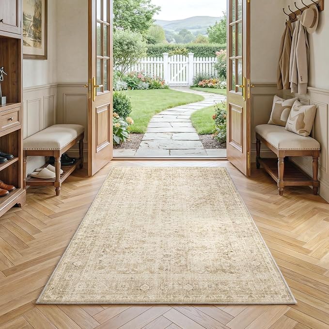 FMFUNCTEX 3x5 Washable Area Rug Beige Neutral Vintage Distressed Oriental Non Slip Low Pile Traditional Retro Indoor Carpet for Entryway Entrance Soft Rug Living Room Bedroom Kitchen Office Laundry