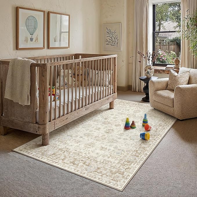3x5 Washable Neutral Area Rug for Entryway Beige Floral Soft Non Slip Carpet Low Pile Distressed Door Mat for Bathroom Bedroom Entrance Living Room