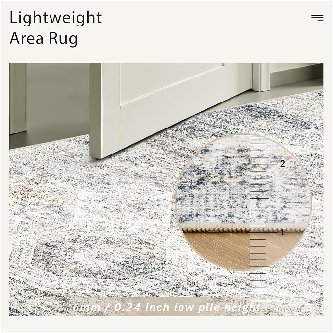 Soalmost 7x9 Area Rug for Living Room Washable Abstract Vintage Soft Thin Indoor Floor Non-Slip Carpet for Bedroom Dining Room Blue Ivory