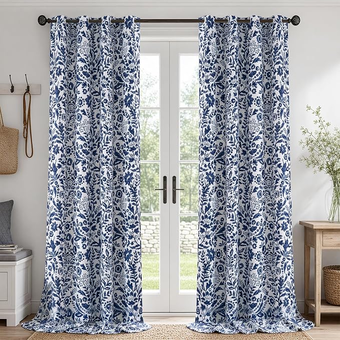 DriftAway Julia Blackout Curtains Grommet 2 Panels, W52xL120, Navy | Floral Curtains, Bedroom, Living Room, Room Darking, Watercolor Pattern, 2 Layers, Thermal Insulated, Window Treatment