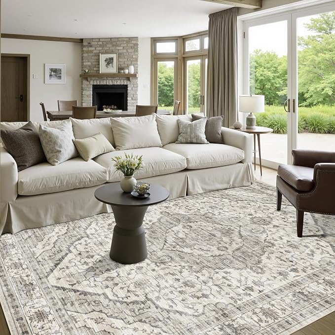 Deerly Boho 6x9 Area Rug Vintage Rugs for Living Room, Washable Rugs Non Slip Large Area Rug for Dining Room Bedroom Office, Floor Decoration Big Rug Mat Low-Pile (Cream)