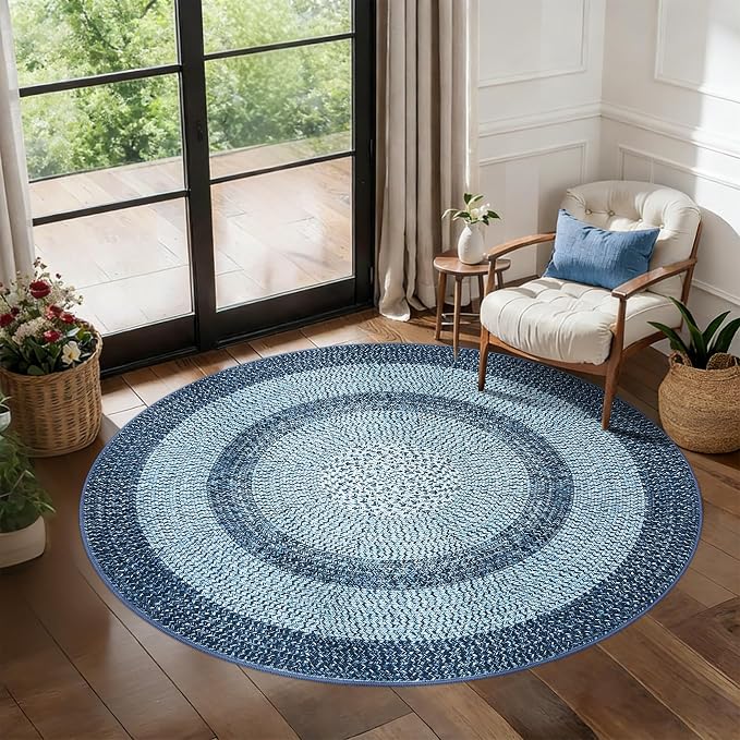 Modern Bordered Round Area Rug 4ft Washable Bedroom Circle Rugs Non Slip Stain Resistant Dining Room Round Throw Carpet Contemporary Circle Mats for Living Room Kitchen Nursery, Blue