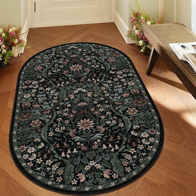 3x5 Oval Rug Black Floral Washable Rug,Soft Lightweight Low Pile Non-Shedding Carpet,Machine Washable Stain Resistant Non-Slip for Entryway,Bedroom,Mudroom,Living Room