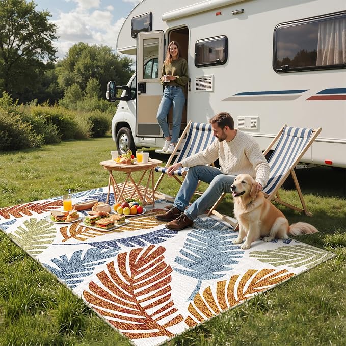 GENIMO 9x12 Outdoor Rug, Washable Quick Dry for Patio, Leaf Rust Navy | Botanical leaf design for gazebo; lightweight chenille with quick-dry non-slip backing for indoor dining area.
