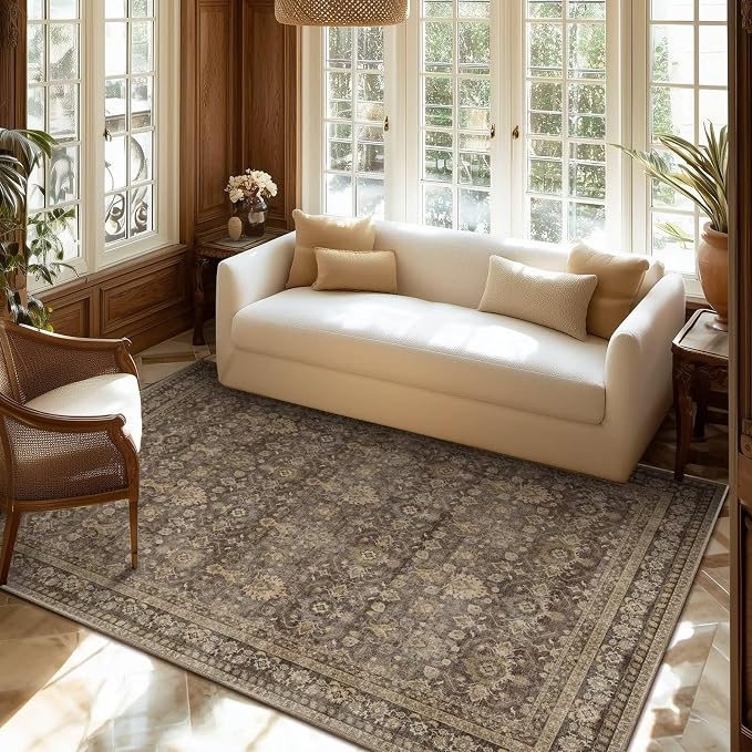 Washable 4x6 Rugs, Boho Vintage Non-Slip Distress Rugs, Deep Brown | 0.3" Neutral Throw Rugs for Bedroom Kitchen Nursery Living Room, Cushioned Area Rug for High-traffic