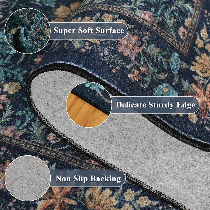 DUKINO 2x8 Runner Rug, Washable Vintage Floral Kitchen Rug, Dark Blue | Non Slip, Low Pile, Non-Shedding, Stain Resistant Aesthetic Soft Carpet Runner for Hallway Bathroom Laundry Bedroom Entryway