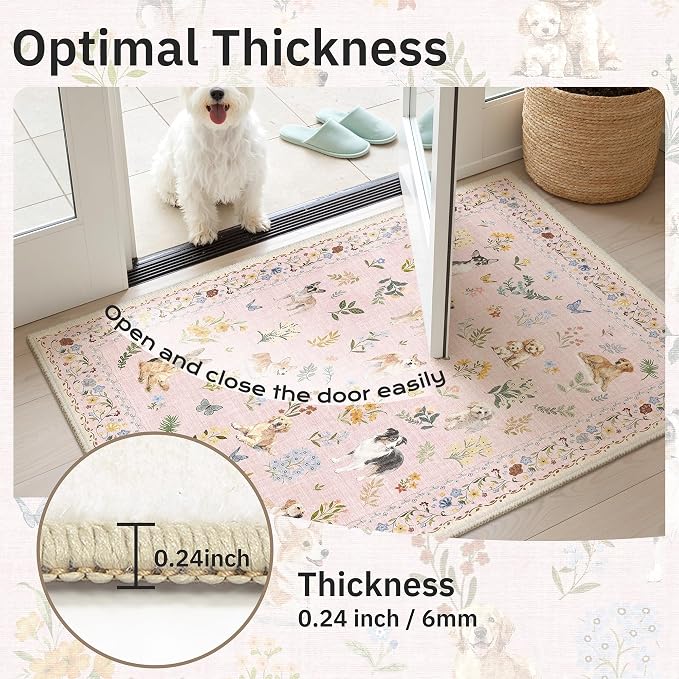 Soalmost Dog 5x7 Pink Area Rugs for Baby Girl Nursery, Washable Soft Rug | Floral Vintage Non-Slip Low Pile Cute Throw Rugs for Living Room Kitchen Dining Room Bedroom Nursery Playroom 5' x 7'
