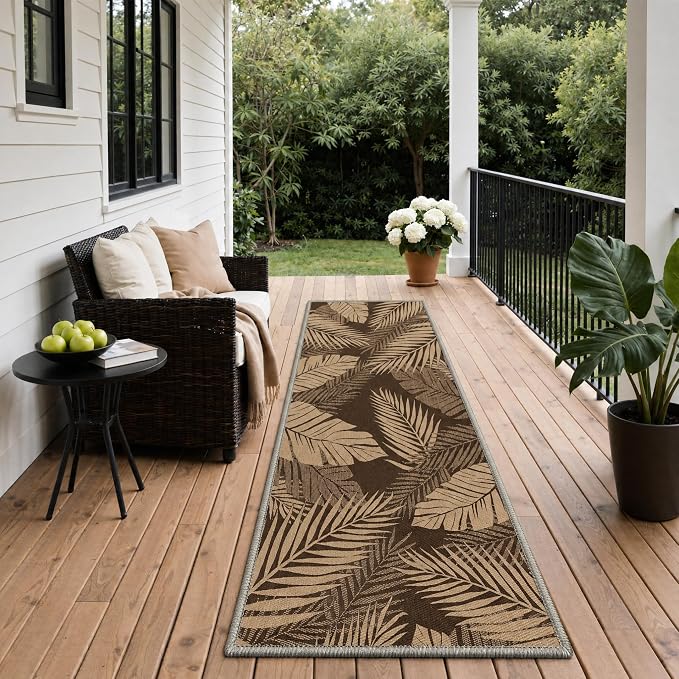 GENIMO Outdoor & Indoor Area Rug 2'x5', Waterproof, Non-Shedding, Easy Cleaning, Leaf Mat for Patio, Living Room, Balcony, Dining Room, RV, Deck, Bedroom, Camping, Outside Carpet, Coffee Beige