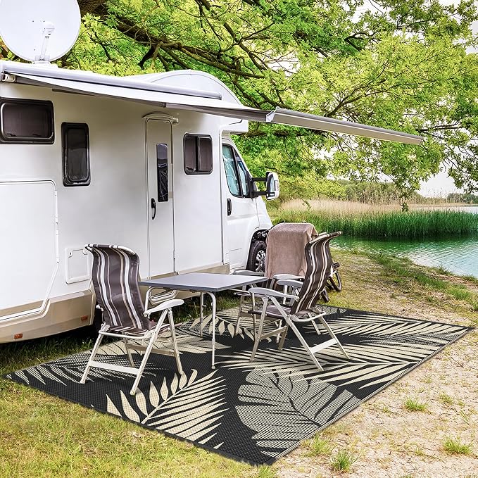 GENIMO Outdoor Rug, Waterproof Plastic Rugs for Patio, 9'x12' Black Beige | Outside Larger Leaf Carpet Mat for Porch Decor, Deck, Balcony, Camping, RV, Backyard, Picnic, Beach, Reversible, Foldable