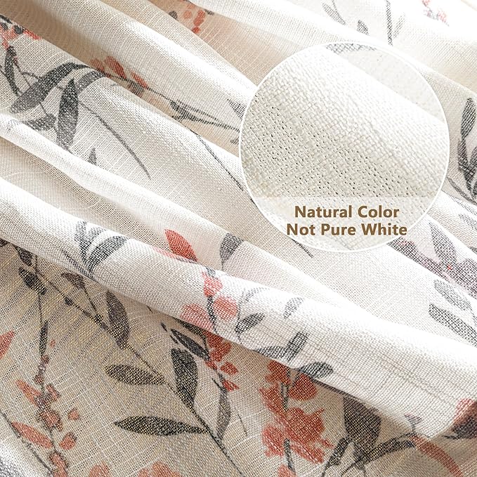 MYSKY HOME Curtains for Bedroom 63 Inch Long Linen Look Semi Sheer Not See Through Window Curtains & Drapes Farmhouse Patterned Country Vintage Style Texture for Living Room, 2 Pcs, Coral