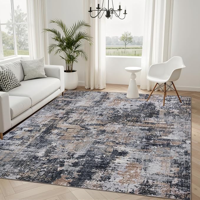 Sasttie 6x9 Soft Area Rug for Living Room, Modern Abstract Washable Carpet for Bedroom, with Non-Slip Backing, Black and Cream