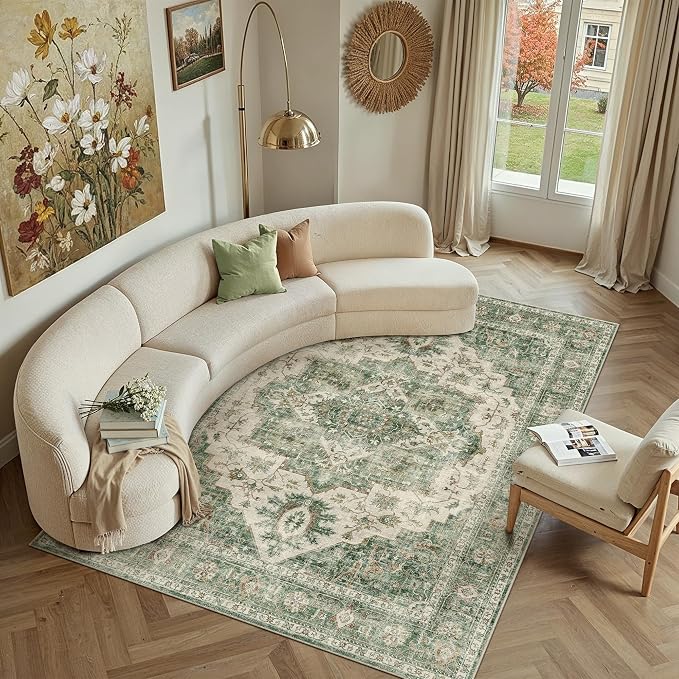 HUGEAR 8x10 Machine Washable Rug Green Area Rug Room Decor Vintage Distressed Living Room Rugs Non Slip Low Pile Soft Carpet for Bedroom Dining Room Office Soft Lightweight