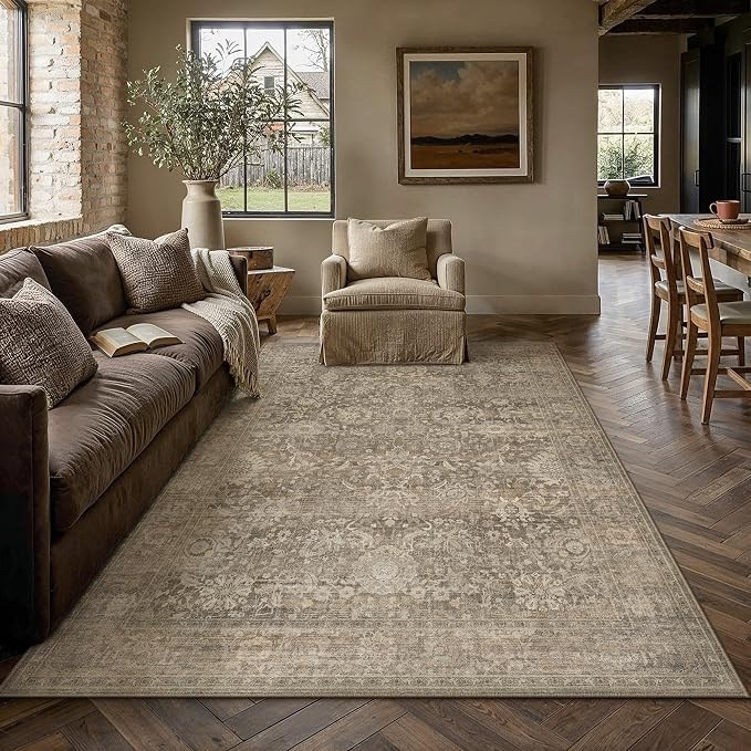 HUGEAR Area Rugs 5x7 Light Brown Washable Rug for Living Room Bedroom Neutral Vintage Rug Carpet Distressed Soft Durable Non Slip No Shedding for Indoor Dining Nursery Farmhouse