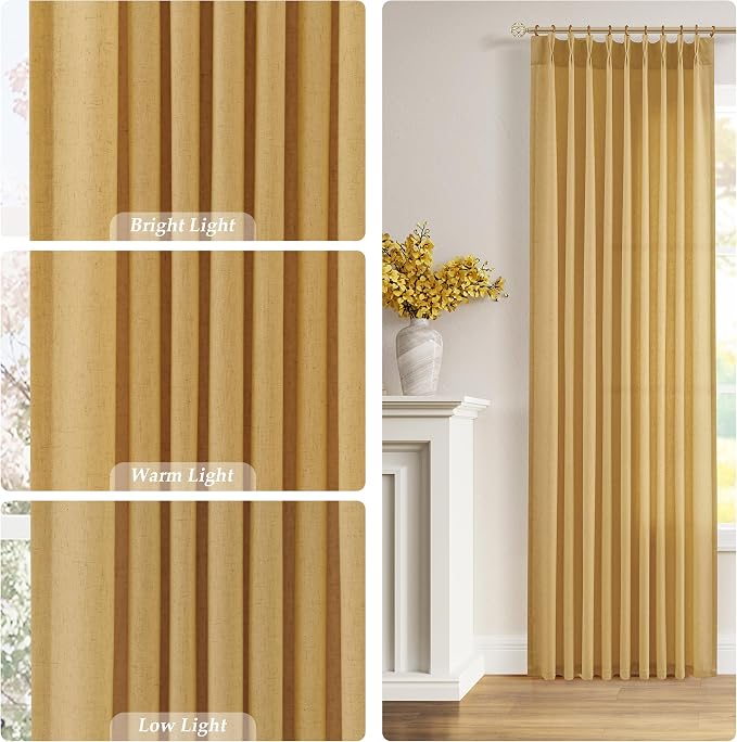 Aersas Gold Yellow Pinch Pleated Linen Curtains 102 Inch Length 2 Panels for Living Room Bedroom Semi Sheer Window Curtain Boho Neutral Back Tab Pinch Pleat Drape with Hooks 40x102