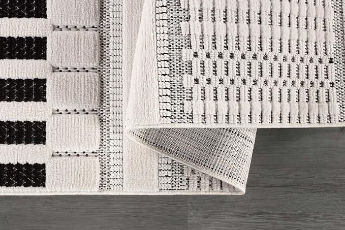 CAMILSON Modern Rug 5x7 Luxury Geometric Pattern Micro Loop Area Rugs Soft High and Low Pile Stain Resistant Easy to Clean Non-Shedding Durable Living Room Kitchen Indoor Carpet (White/Black)
