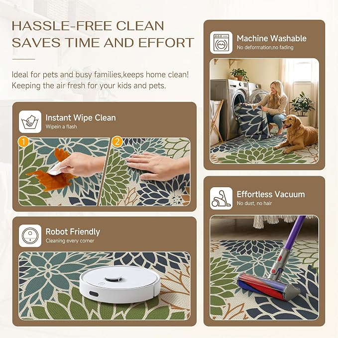 HUGEAR 6'x9' Floral Outdoor Rug Linen-Look Waterproof Colorful Floor Mat Home Decor for Camping RV Outside Area Rug Patio Deck Porch Balcony Backyard Picnic Beach Carpet