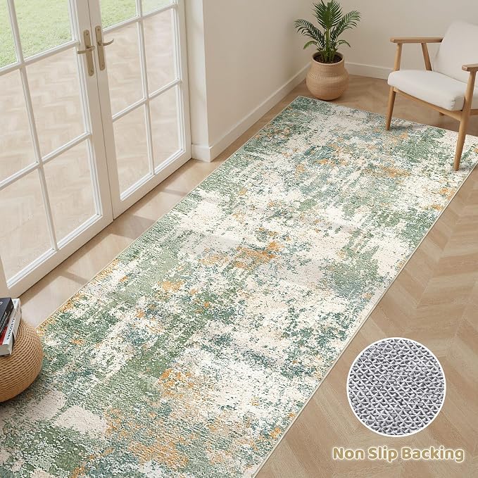 Runner Rug Kitchen Washable Rugs: 3x8 Non-Slip Abstract Soft Modern Stain Resistant Indoor Floor Neutral Accent Throw Carpet for Hallway Bathroom Laundry Room Entryway Bedroom- Green