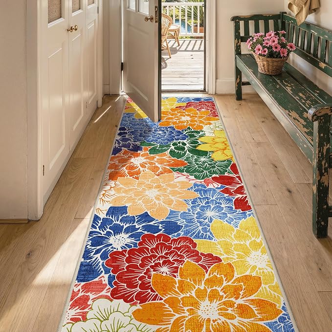 GENIMO 2’x5’ Indoor Outdoor Runner Rug for Hallway, Washable Waterproof Bedside Rugs, Non-Slip, Floral Mat Carpet for Patio, Living Room, Bedroom, Balcony, Kitchen, Deck, Porch, Colorful