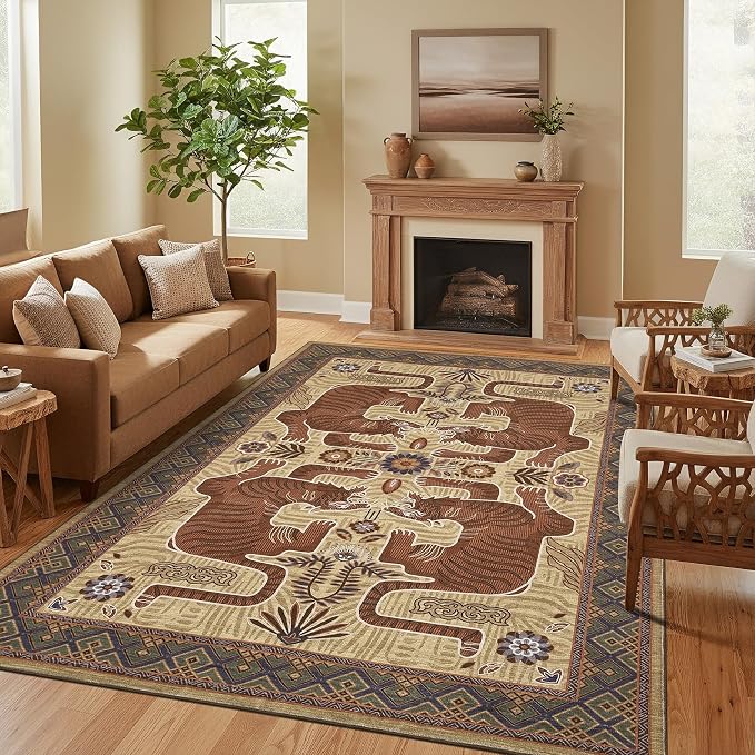 GarveeHome Tiger Print 6x9 Area Rugs, Boho Camel Washable Rugs for Living Room, Vintage Tribal Soft Animal Throw Rug Non Slip Ultra Thin Stain Resistant Floor Carpet for Bedroom Dining Room