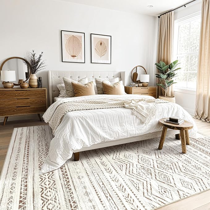 Tortania Area Rug Living Room Rugs - 5x8 Washable Large Soft Neutral Boho Moroccan Bohemian Farmhouse Rug Indoor Floor Carpet for Bedroom Under Dining Table Home Office Decor - Beige Brown