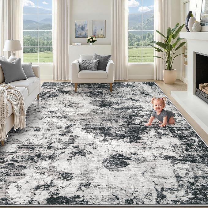XLUEZ 8x10 Area Rugs for Living Room, Washable Modern Abstract Large Area Rug Neutral Soft Non Slip Kids Rug Stain Resistant Indoor Carpet for Bedroom Nursery Dining Room Playroom(Black, 8'x10')