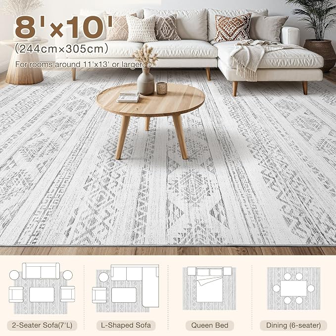 Tortania Area Rug Living Room Rugs - 8x10 Washable Large Soft Neutral Boho Moroccan Bohemian Farmhouse Rug Indoor Floor Carpet for Bedroom Under Dining Table Home Office Decor - Ivory Gray