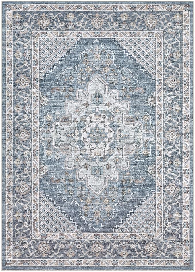 Tortania Area Rug Living Room Rugs - 12x15 Washable Boho Rug Vintage Oriental Distressed Farmhouse Large Thin Indoor Carpet for Living Room Bedroom Under Dining Table Home Office - Blue
