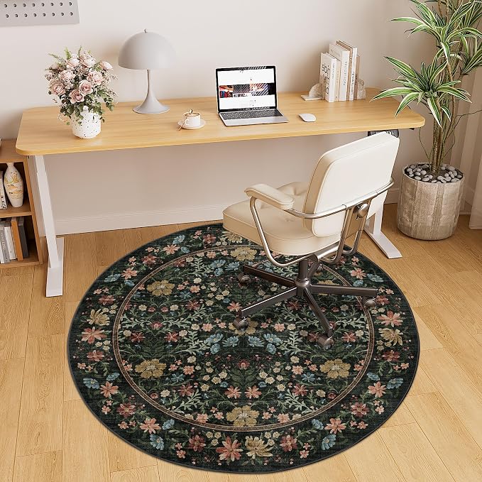 DUKINO 4ft Round Rug, Washable Vintage Floral Area Rug for Bedroom, Black | Non Slip Low Pile Stain Resistant, Aesthetic Lightweight Soft Small Circle Carpet for Living Room Kitchen Entryway Farmhouse