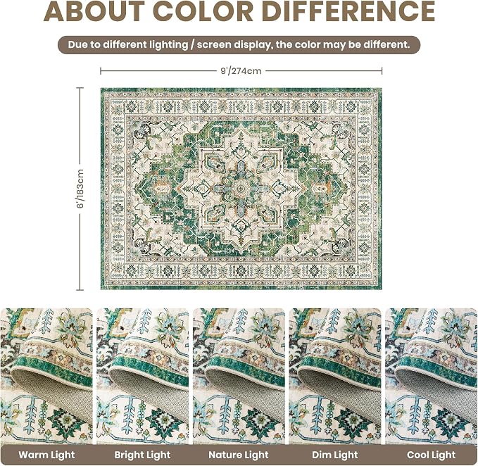 zesthome 6x9 Area Rugs, Machine Washable Rugs for Living Room, Bedroom,Stain Resistant Vintage Large Area Rug,Non-Slip Medallion Pattern Home Decor Rugs (Green,6'x9')