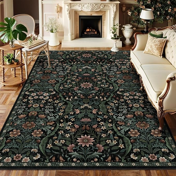 Floral Washable 6x9 Area Rug，Black Boho Rugs for Living Room, Soft Low-Pile Non-Slip Stain Resistant & Non-Shedding Carpet for Bedroom, Dining Room, Office, Entryway, Nursery
