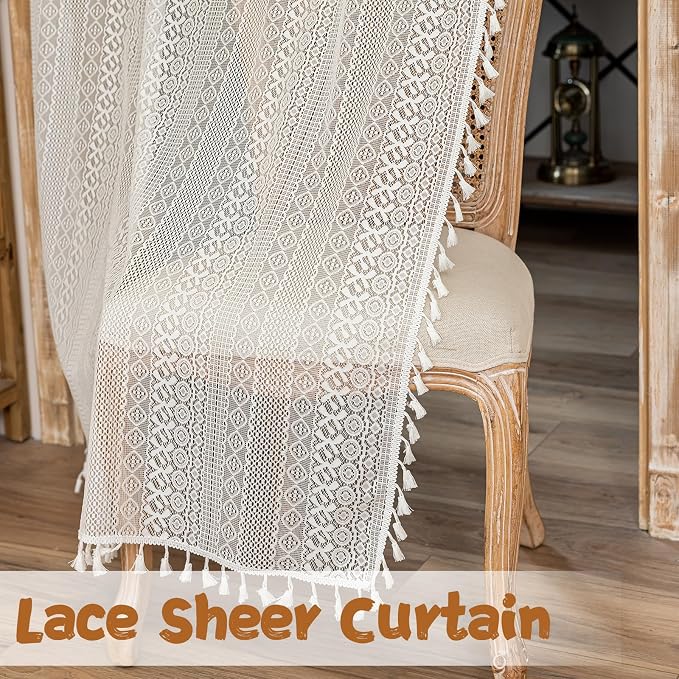 Sutuo Home White Boho Lace Sheer Door Curtain for Doorway, Bohemian Doorway Curtain for Front Door Hallway Crochet Vintage Chic Tassels Privacy Temporary Room Divider Rod Pocket,1 Panel 37" x 80"
