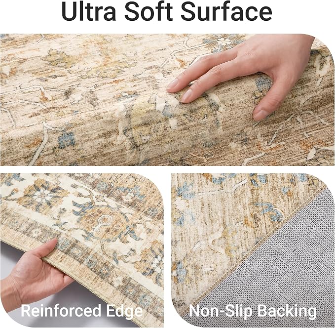 befbee 5x7 Area Rugs for Living Room,Stain Resistant Washable Rug,Non-Slip Backing Rugs for Bedroom,Kitchen,Printed Vintage Home Decor Rug (Apricot/Blue, 5'x7')