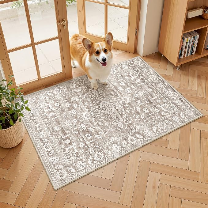 Soalmost 2x3 Area Rugs for Entryway, Washable Neutral Soft Rug Light Brown | Vintage Floral Low Pile Non-Slip Throw Rugs, Accent Rug Floral Indoor Mat for Bedside Living Room Kitchen Bedroom 2'x3'
